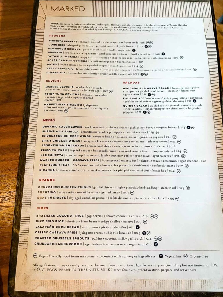 The menu at Marked.