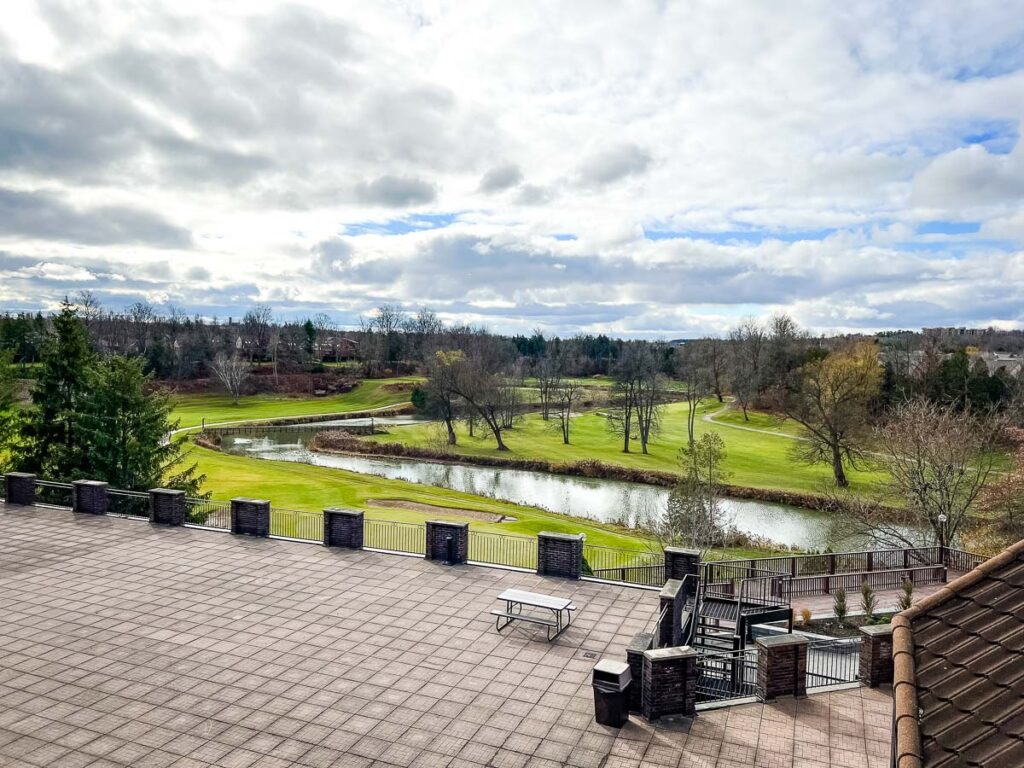 Outdoor seating and walking areas.