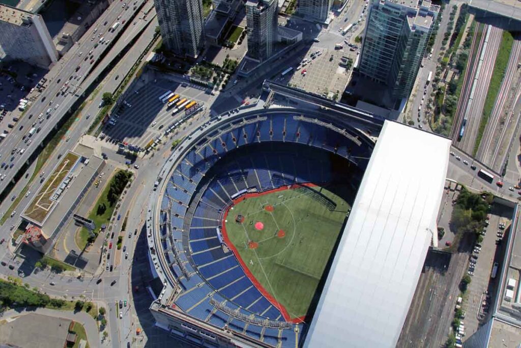 Top down view of the Toronto Roger's Centre with the dome open.