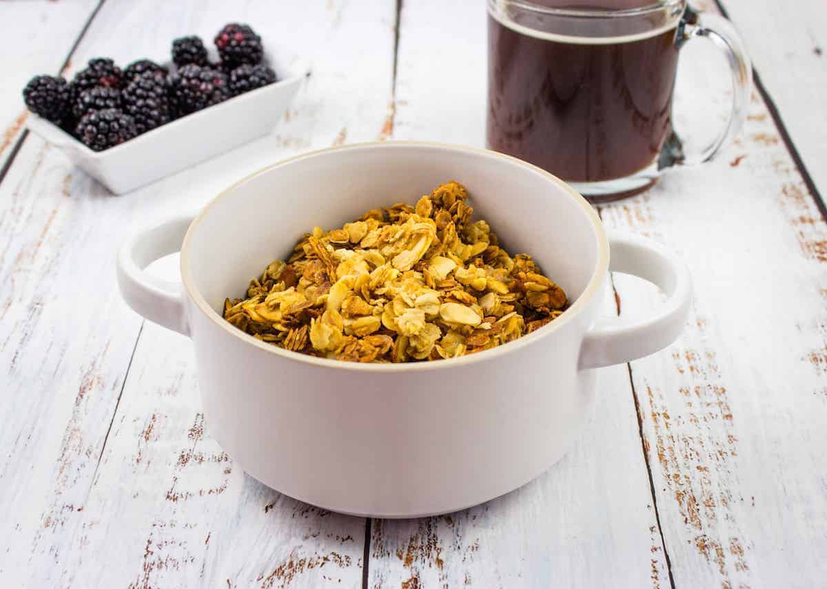 Honey Almond Granola in a white bowl.