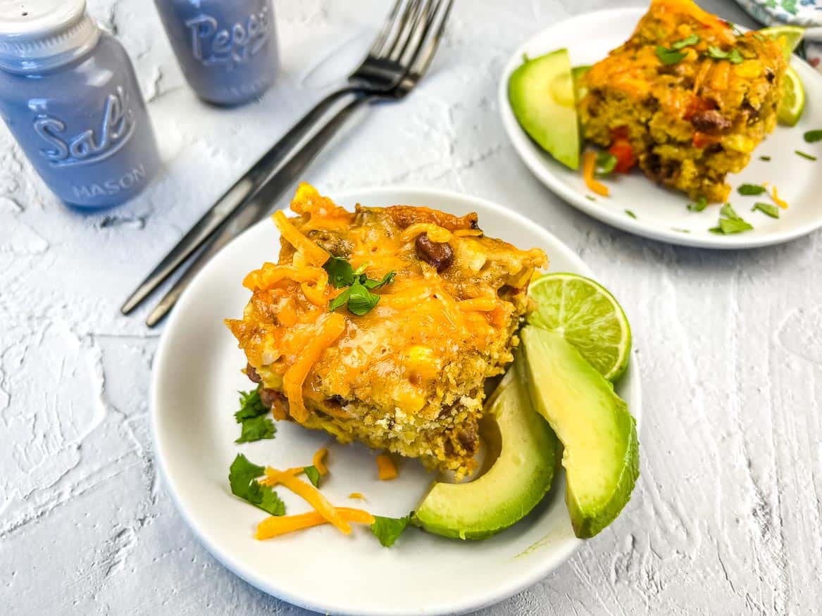 Two servings of Cowboy Cornbread Casserole on plates.