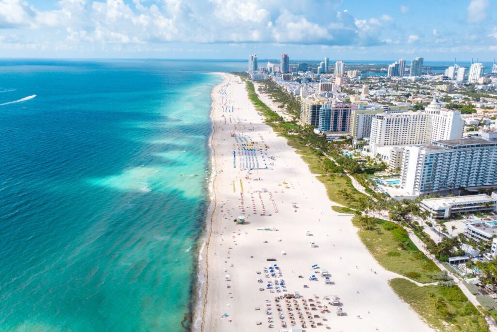 Drone aerial view at Miami South Beach Florida.