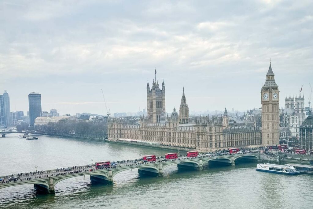 Photo of the view of the River Thames, Westminster Bridge, and the Houses of Parliament, including Big Ben, in London, England.