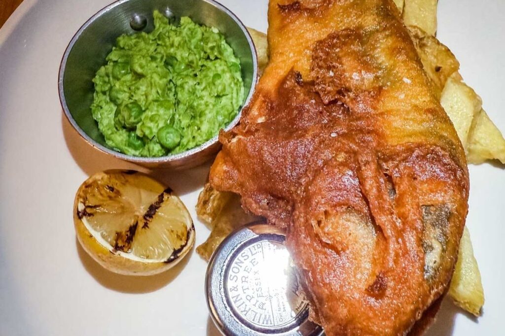 Photo of fish and chips at Gillray’s Steakhouse & Bar in London.