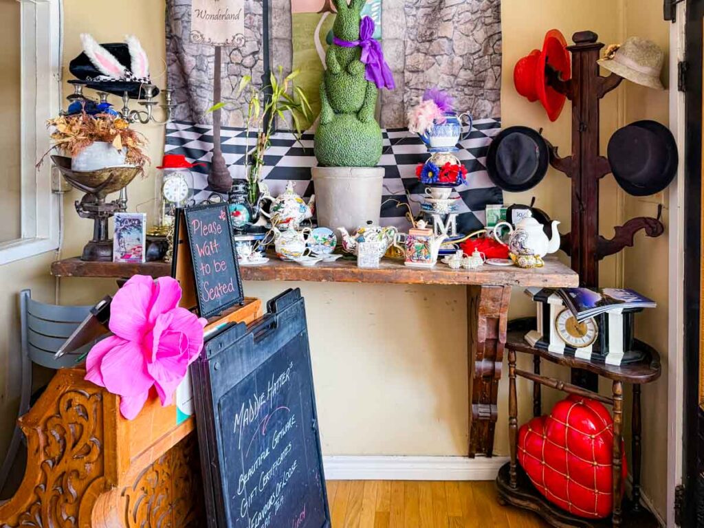 A corner with teapots and decorations in Maddie Hatter Tea Shop.