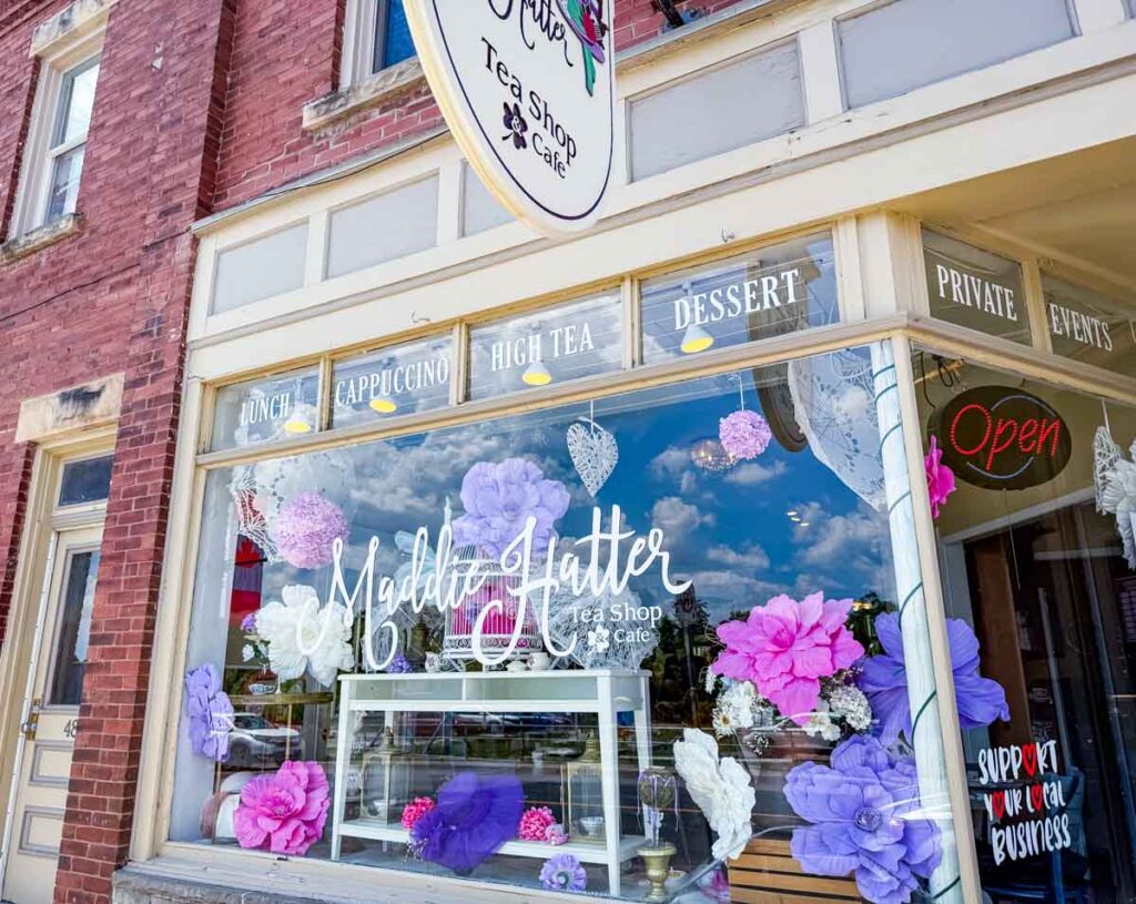 Outside Maddie Hatter Tea Shop.