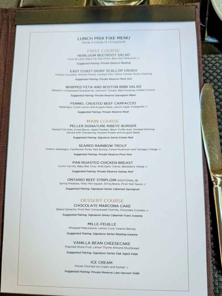 Menu at the Winery Restaurant at Peller Estates.