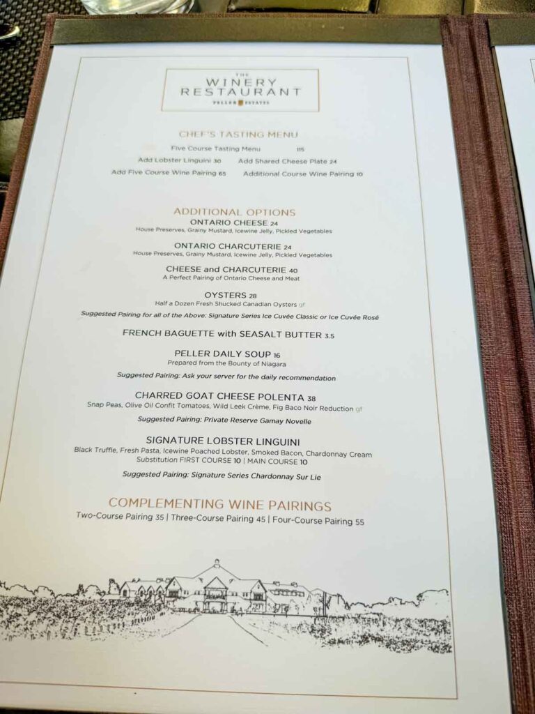 Menu at The Winery Restaurant at Peller Estates.