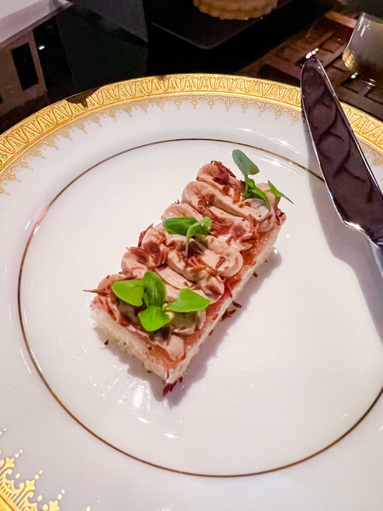 Beautifully plated cake at Fairmont Royal York hotel dining.