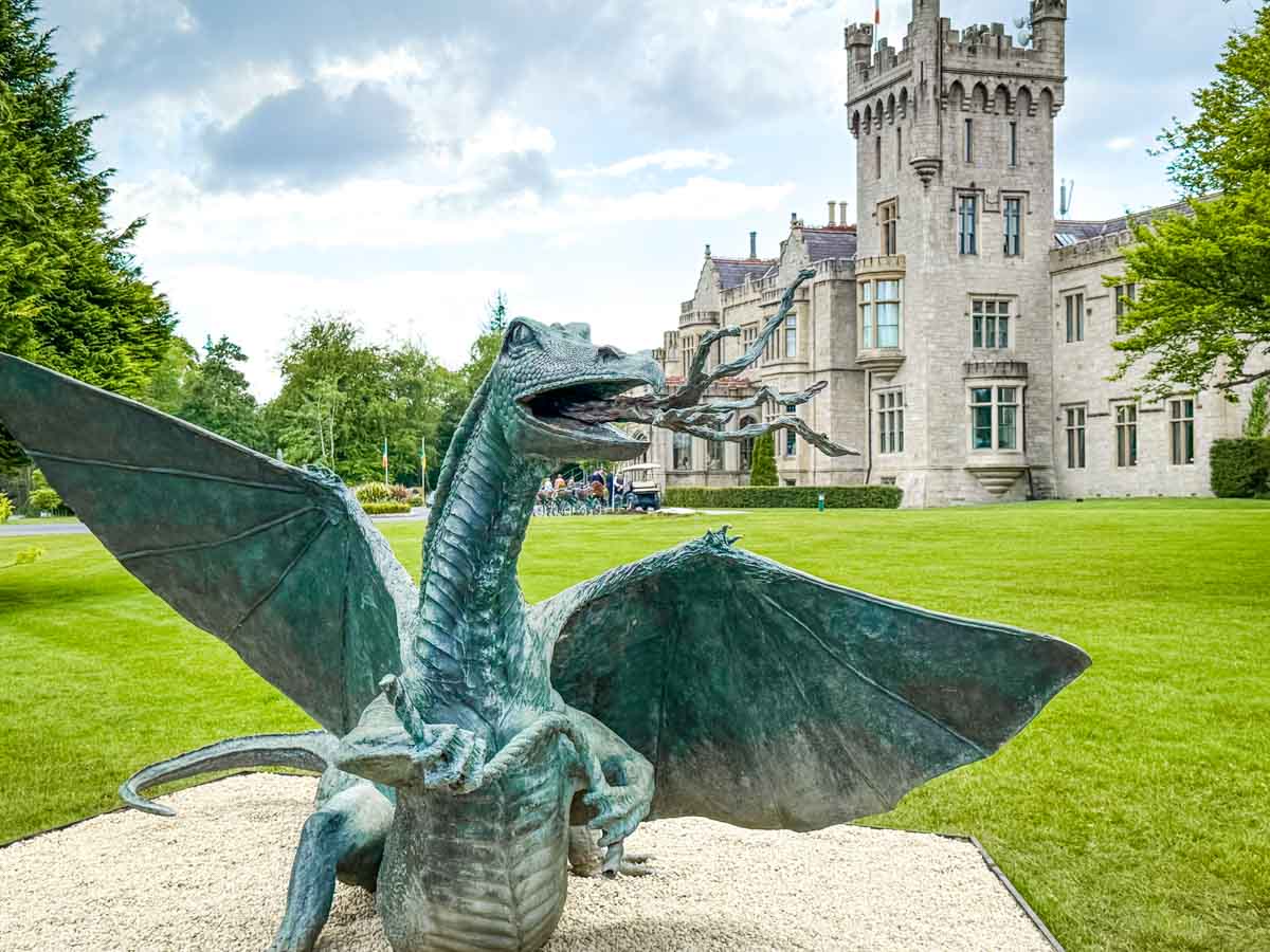 A dragon sculpture displayed outside Lough Eske Castle Hotel.