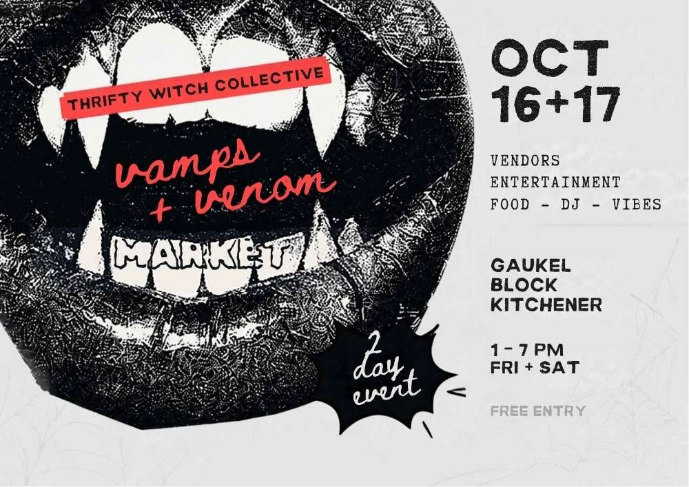 Poster image of an open mouth displaying fangs for the Vamps + Venom Market event on Oct 16-17, 2026.